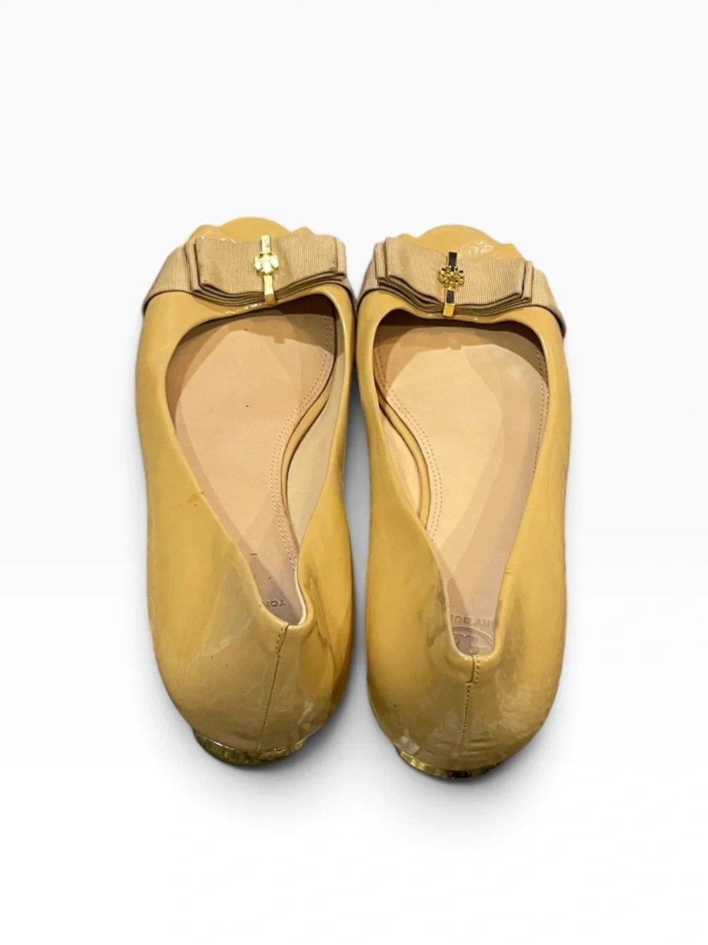Tory Burch Tan Patent Peep-Toe Flats with Bow Accent Size 11